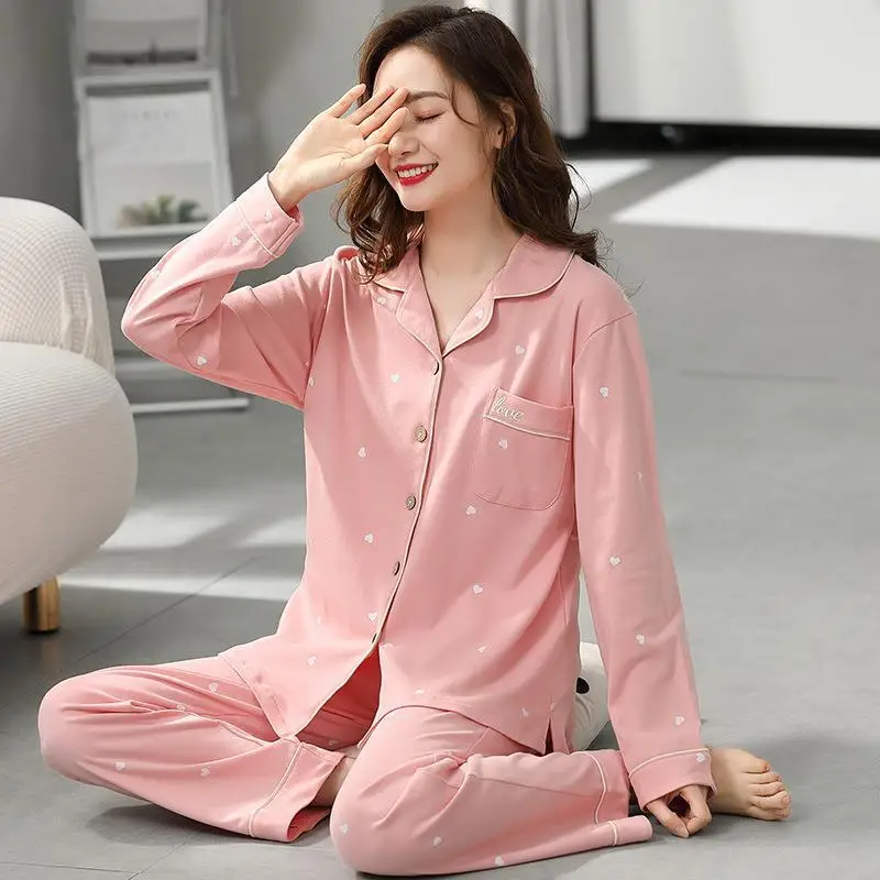 New Knitted Cotton 2 Piece sets Women's Pajama Sets Female Sleepwear Young Lady Pyjamas Yellow Lounge Fashion Homewear