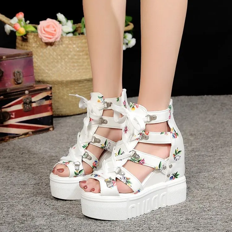 

INS Hot Print Leisure Wedges Women's Shoes 2022 Summer Shoes Women Sandals Platform Shoelaces High Heels Casual Shoes Woman35-41