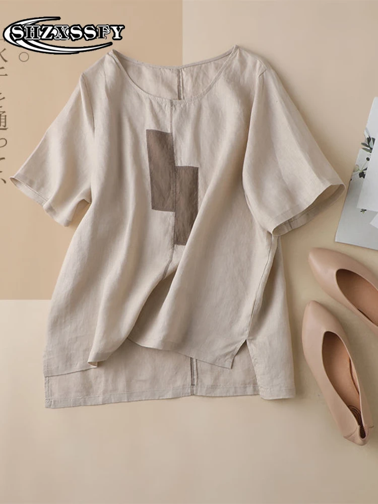 Футболка женская хлопково-льняная с круглым вырезом свободная повседневная