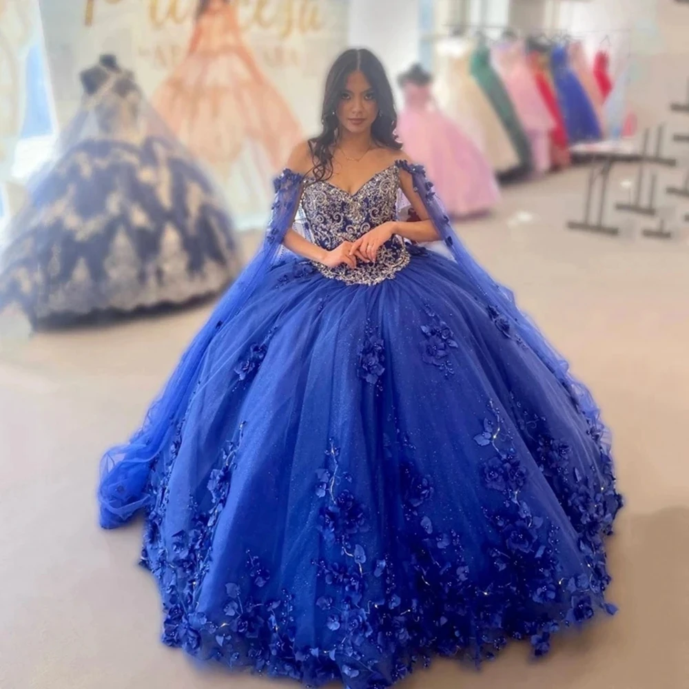 

Custom Made Ball Gown Quinceanera Dresses With Cape 3D Flowers Vestido De 15 16 Anos Royal Blue Ballkleider Party Dresses