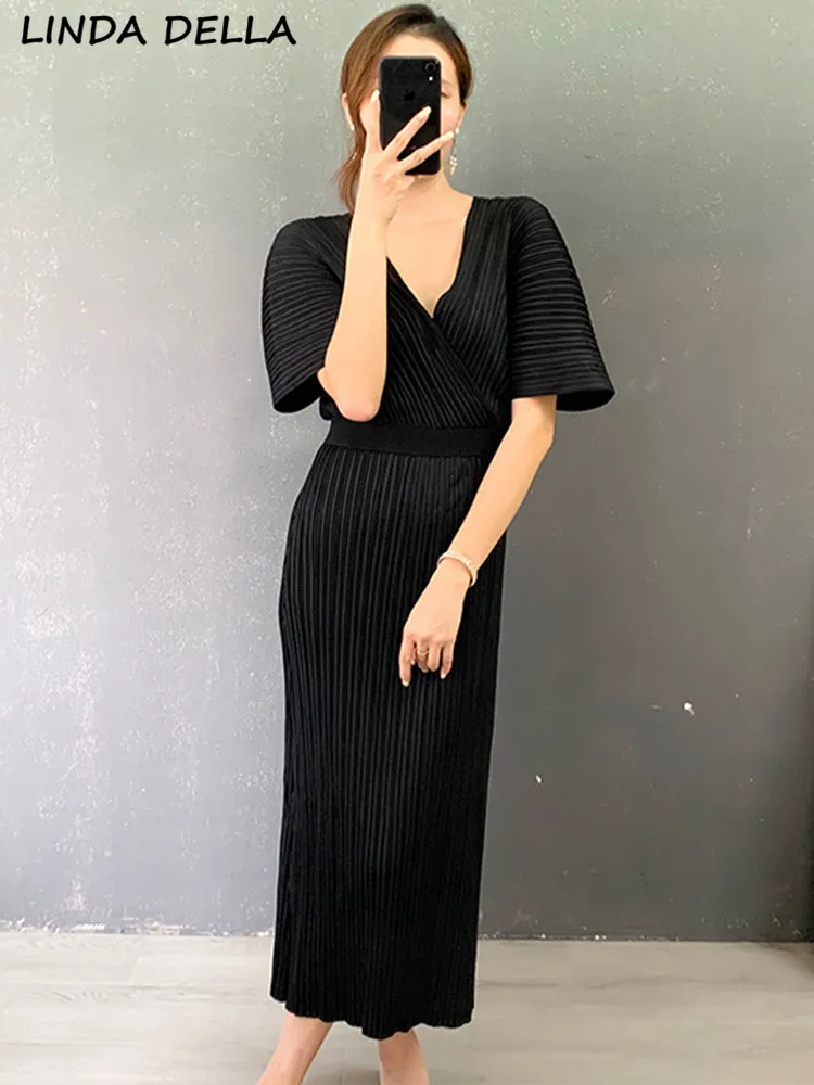 

Женское свободное плиссированное платье LINDA DELLA, Дизайнерское черное длинное платье с V-образным вырезом, коротким рукавом, эластичным поясом, лето 2019