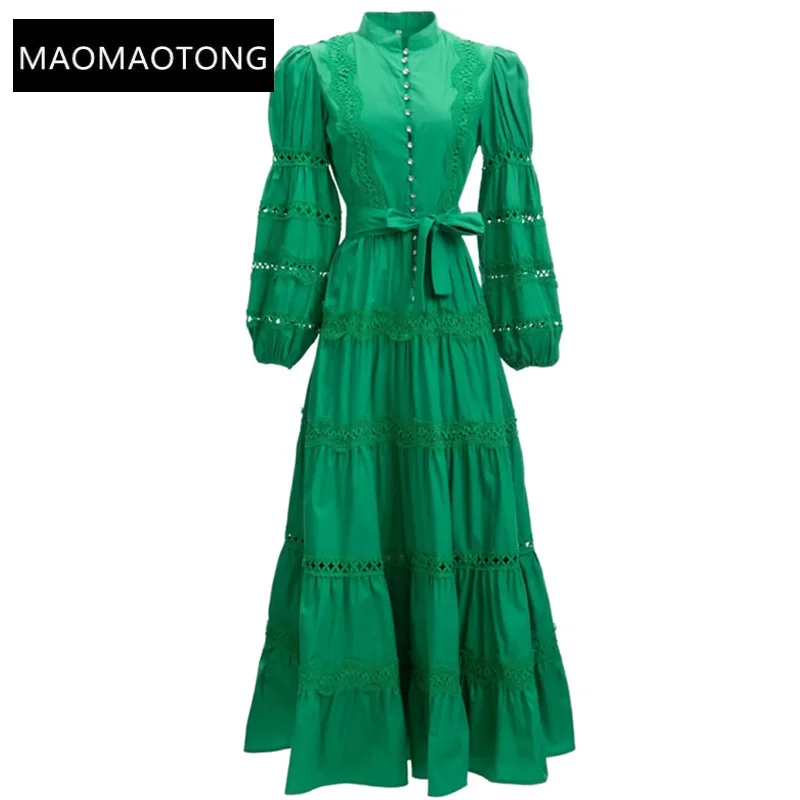 

Dresses For Women 2022 Elegant High Quality Luxury Designer Lantern sleeve Hollow out Belted Balck Vintage Party Long Dresses