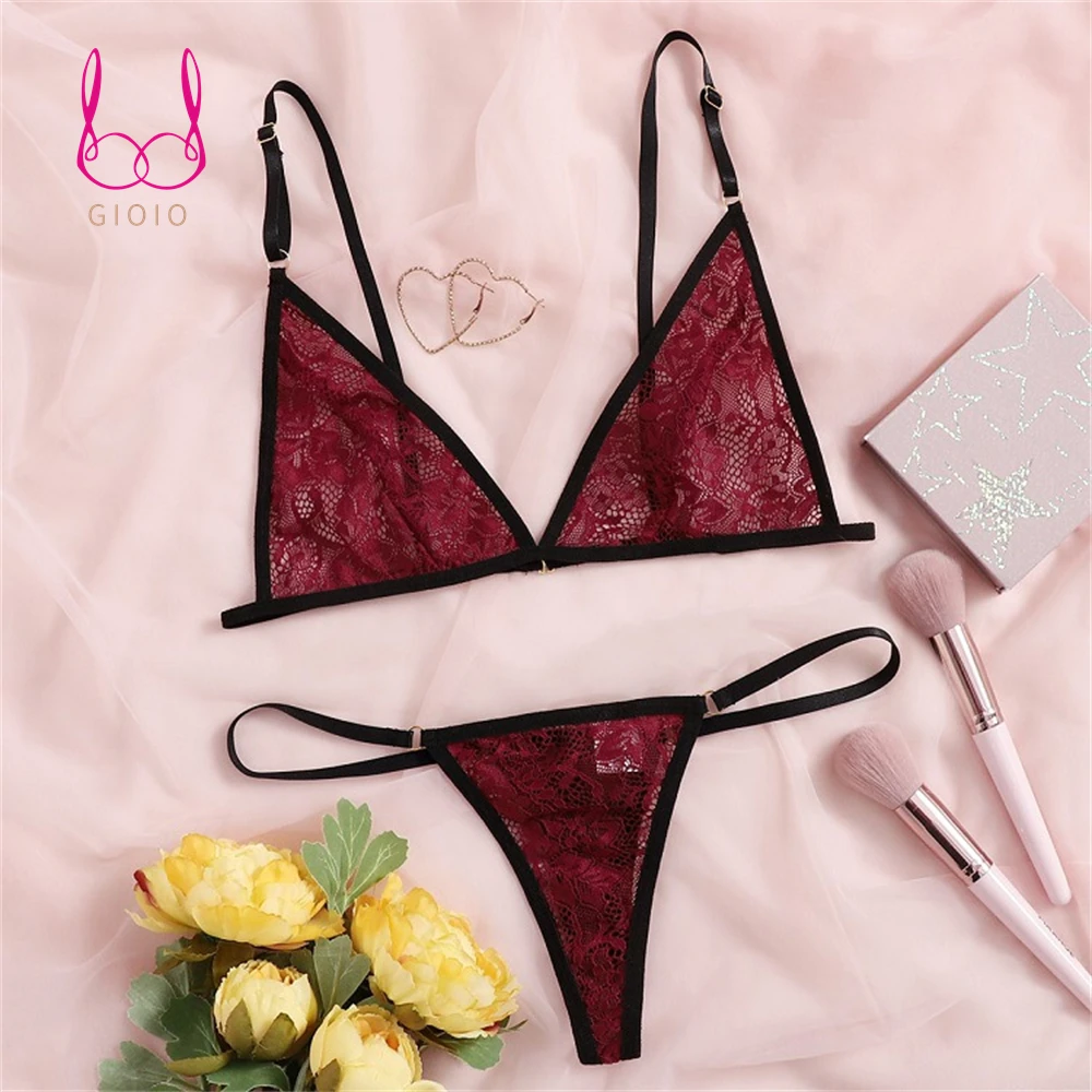 

Sexy Lingerie Bra Thong Set Lace Strap Push Up Underwear Women Transparent Exotic Costumes Porno Pajamas Three Point Bikini Set