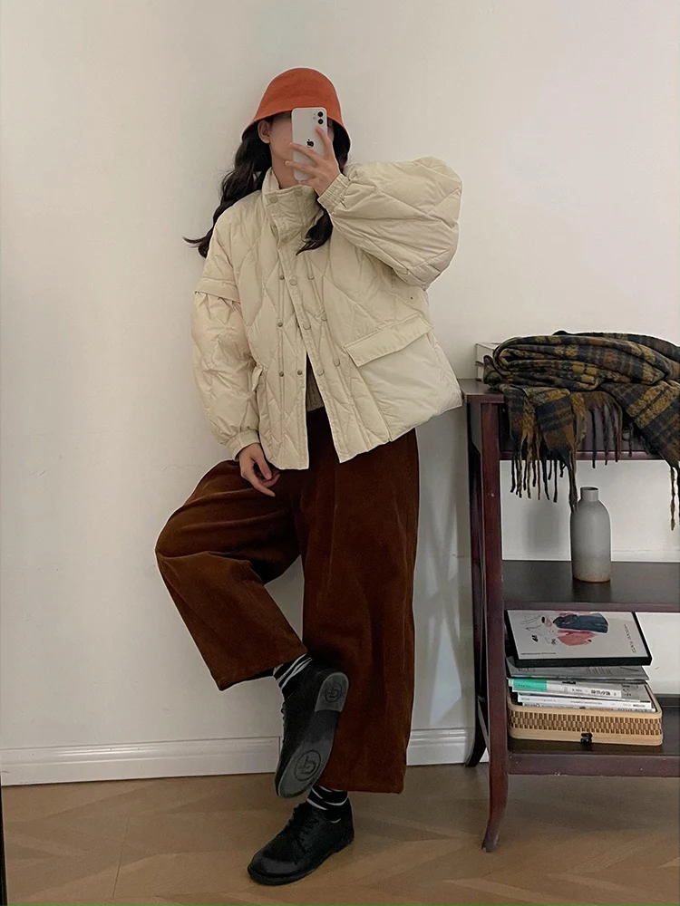 Zzlady Diamond Plaid двубортный пуховик женский 2023 зима новинка с рукавами-фонариками и