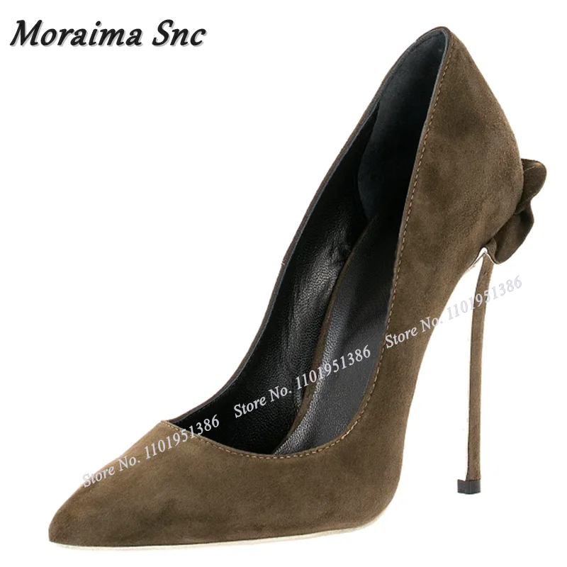 Moraima Snc Suede Metal Heel Pumps For Women Shallow Solid Pointed Toe Slip on Stiletto Heels Sandals Wedding Zapatillas Mujer