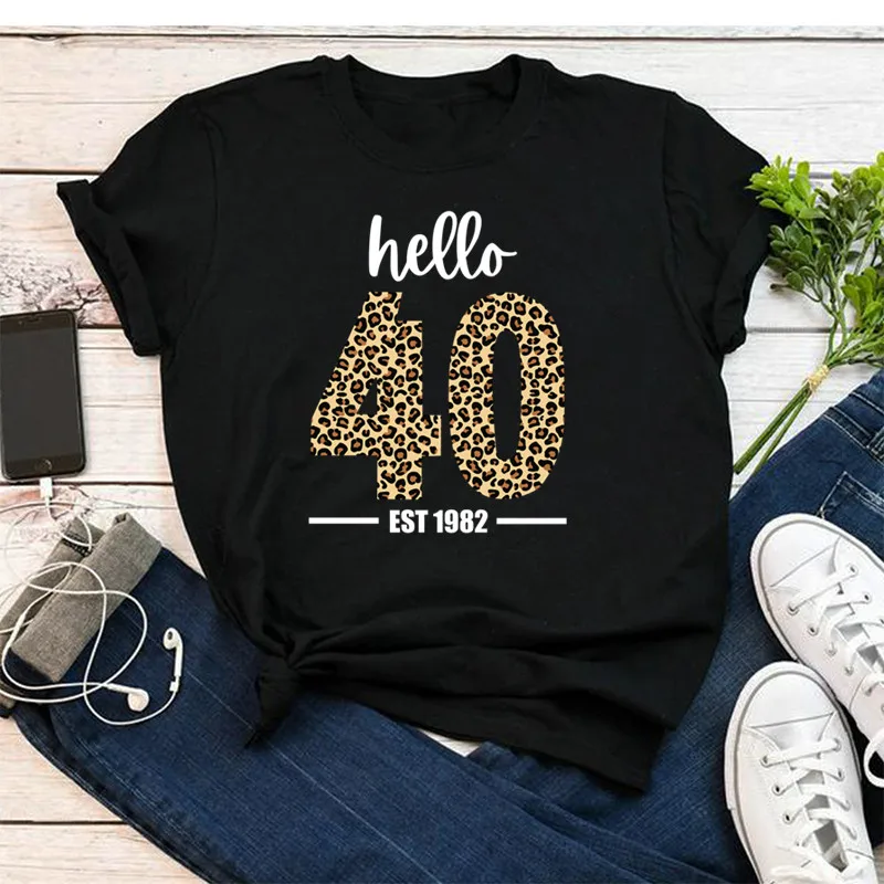 40th Birthday Hello 1982 Leopard Print T-Shirt Gift Her Year Old Turning Plus Size 100% Cotton Clothes O Neck Short Sleeve Tees