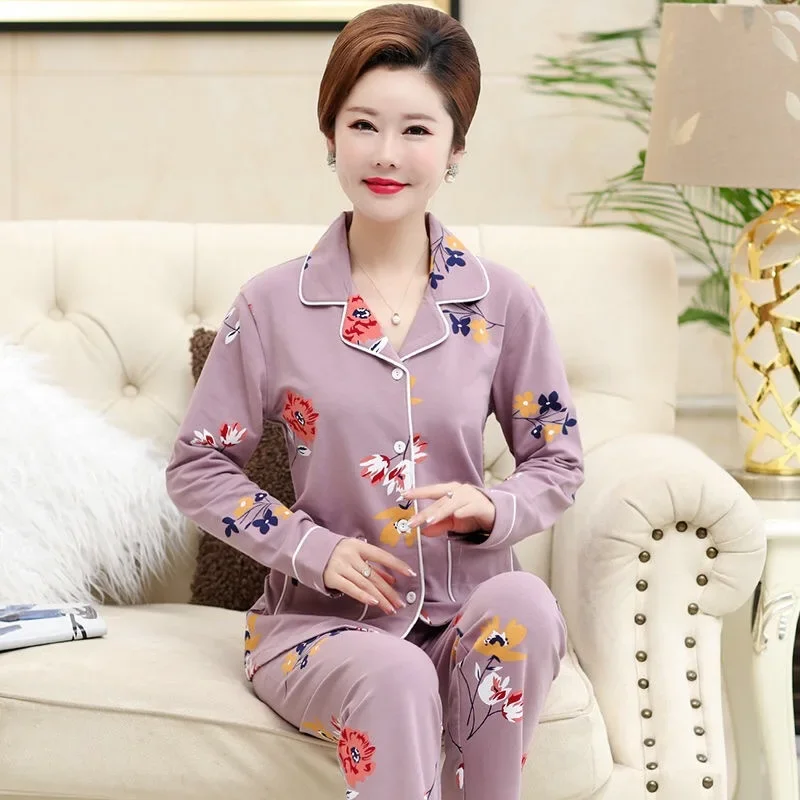 Женский осенний пижамный комплект из 100% хлопка тонкий стиль подходит для пожилых
