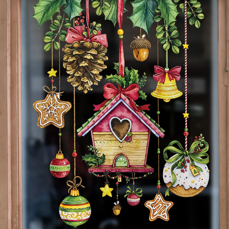 

Christmas Wooden House Pine Nut Window Stickers Room AGlass Wall Stickers Navidad 2023 Merry Christmas Decor Happy New Year 2024
