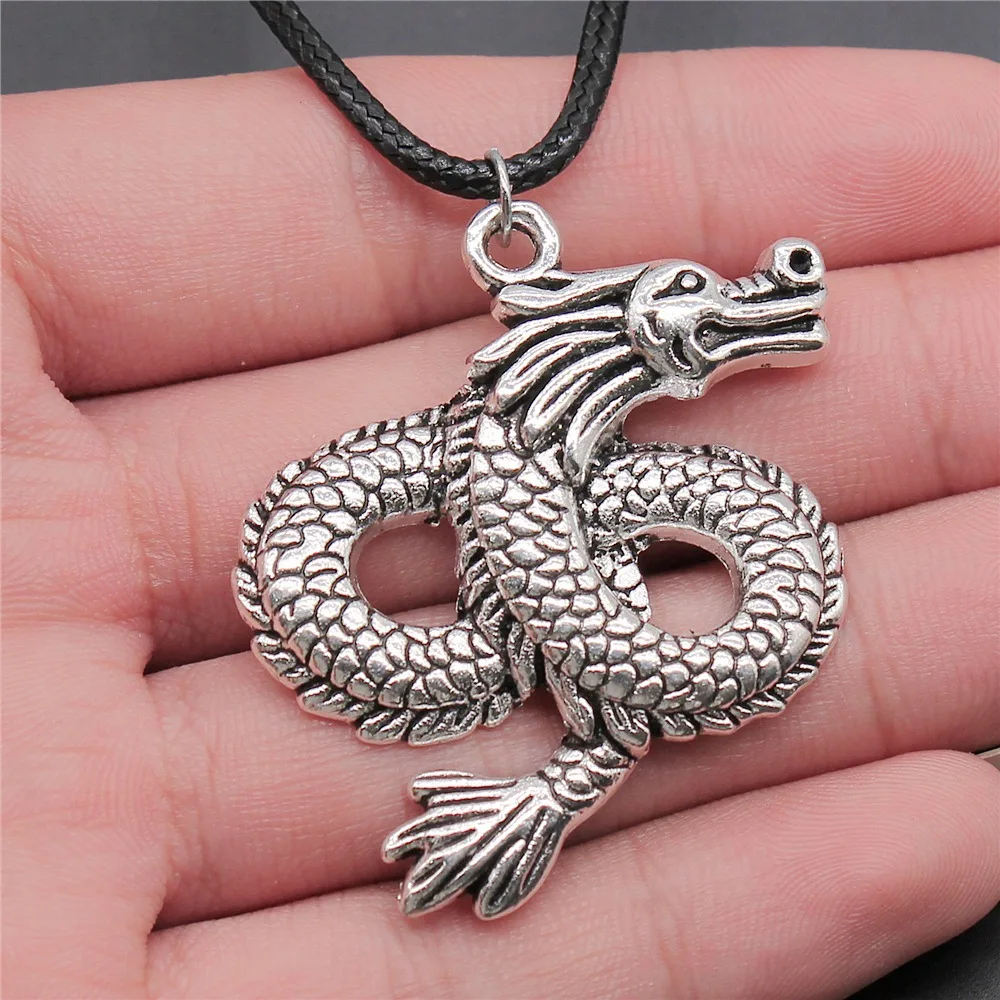 

Dropshipping 2 Colors 45x38mm Dragon Pendant Faux Black Leather Rope Chain Necklace