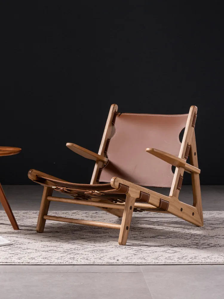 

Solid Wood Designer Leisure Chair Simple Lazy Single Chair Home Creative Light Luxury Leather Back Reclining Chair