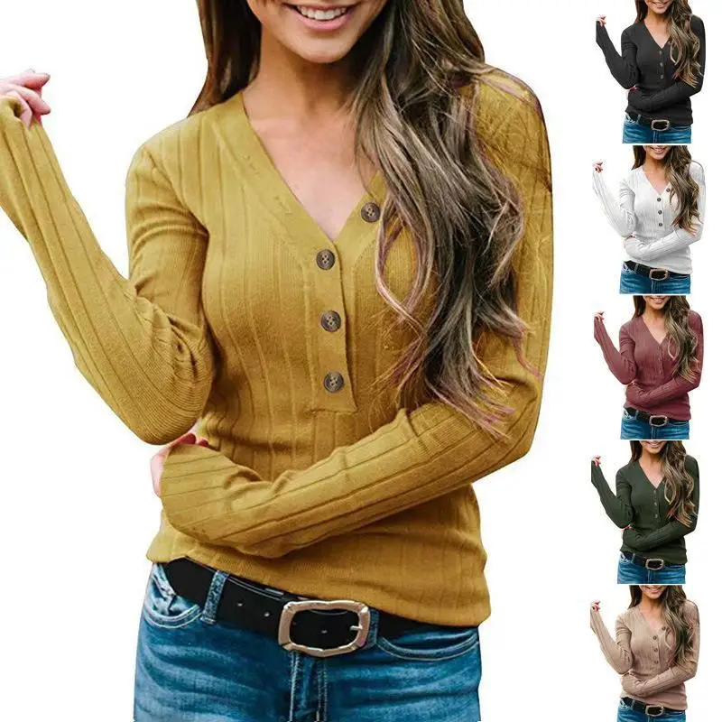 

Autumn and Winter 2022 New Women's V-neck Button Solid Long Sleeve Knitted Sweater Women's T-Shirt