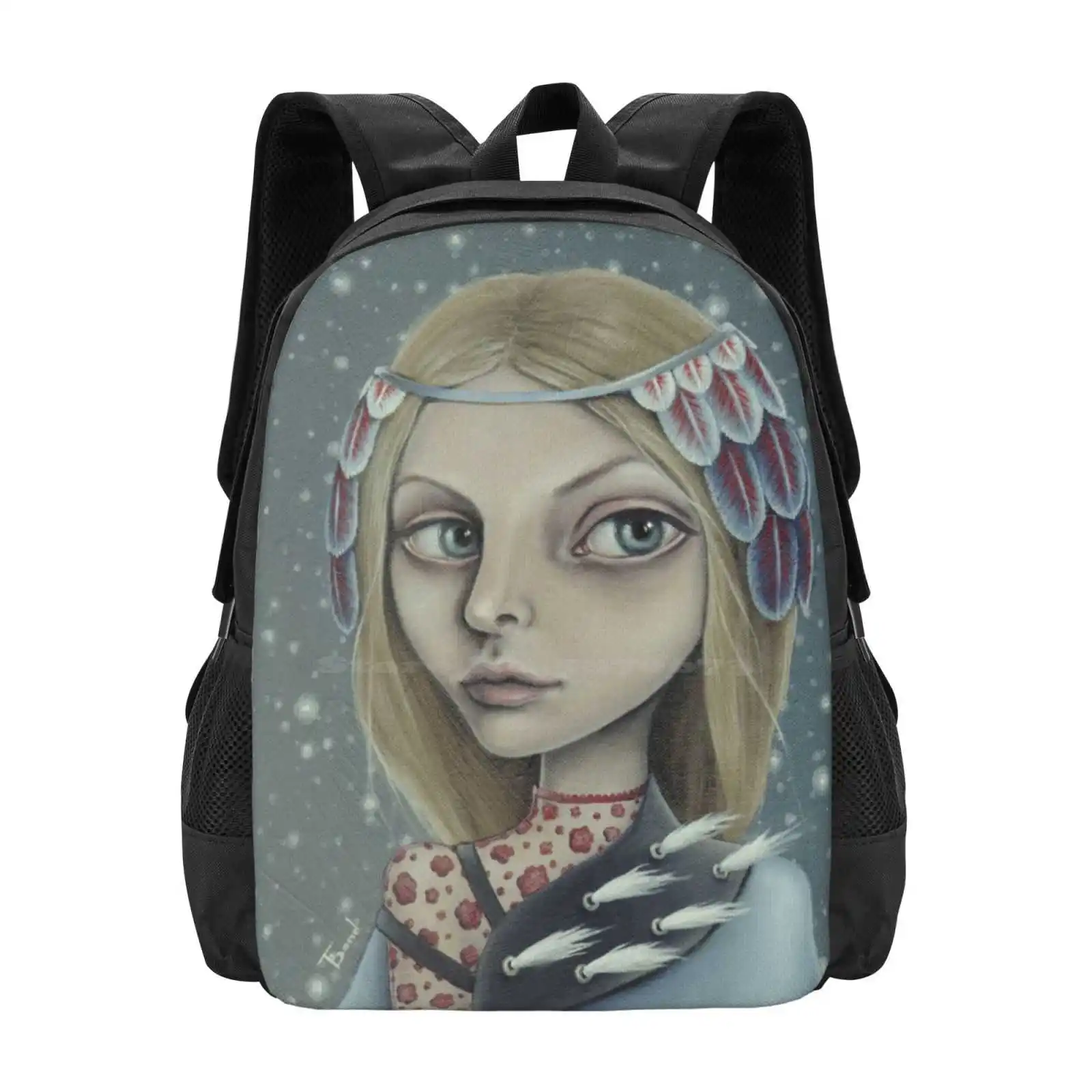 

December Backpack For Student School Laptop Travel Bag Woman Portrait Surreal Pop Snow Cape Headpiece Fashion December Winter