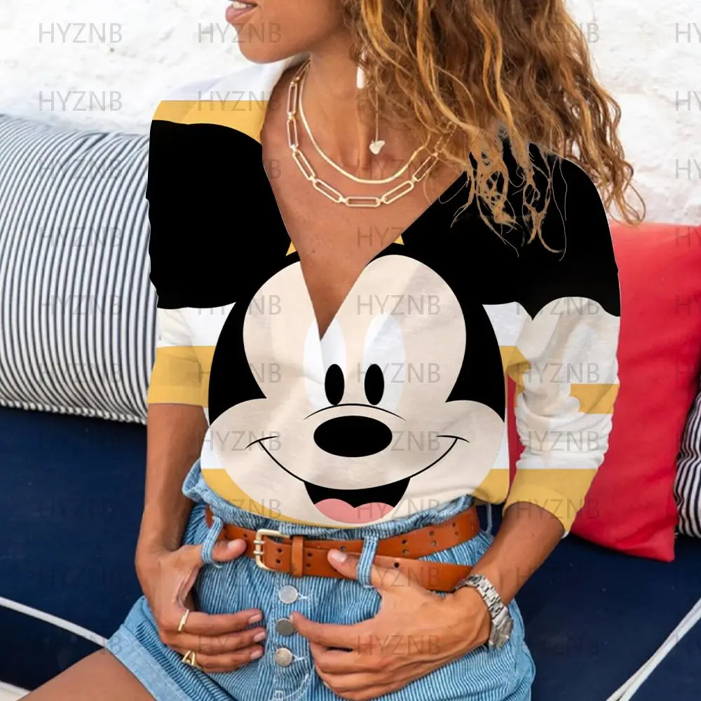 

Summer T Shirt Cartoon Top Disney Fashion Woman Blouses 2022 Polo Shirts Kpop Mickey Minnie Mouse V-Neck Tops Women Long Sleeves