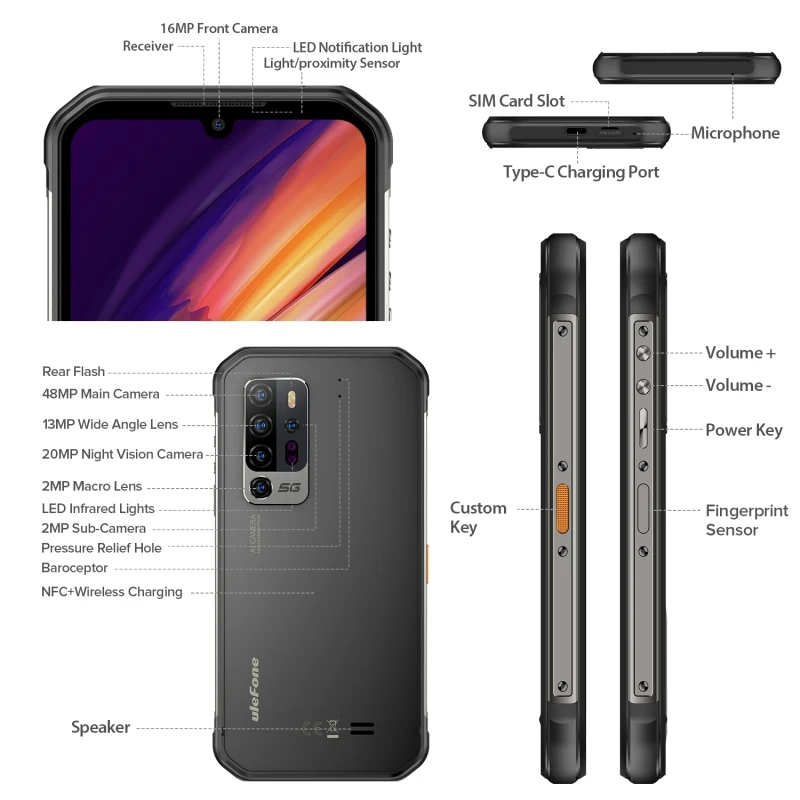 Ulefone Armor 11 5G Rugged Phone 8GB RAM 256GB ROM 6.1 inch Android MTK Dimensity 800 Octa Core Dual 5G NFC Night Version Camera