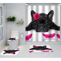 4pcs funny dog shower curtain set cute black bulldog non slip rugstoilet cover bath mat pet animal rose flower bathroom curtains