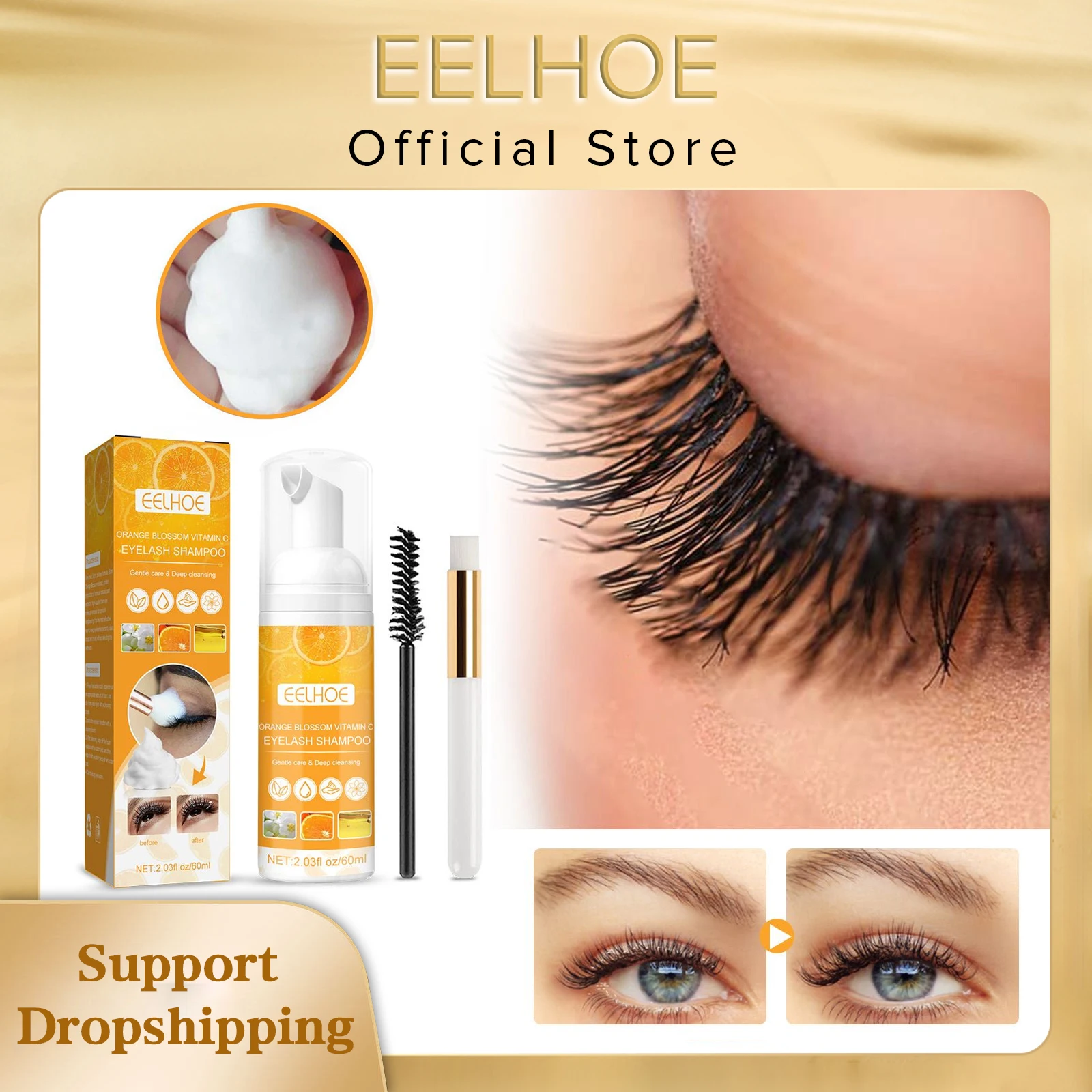 

EELHOE Eyelash Extension Shampoo Vitamin C Gentle Cleansing Eyelashes Grafting High Quality Mousse Foam Pro Eyelash Cleaner 60ml