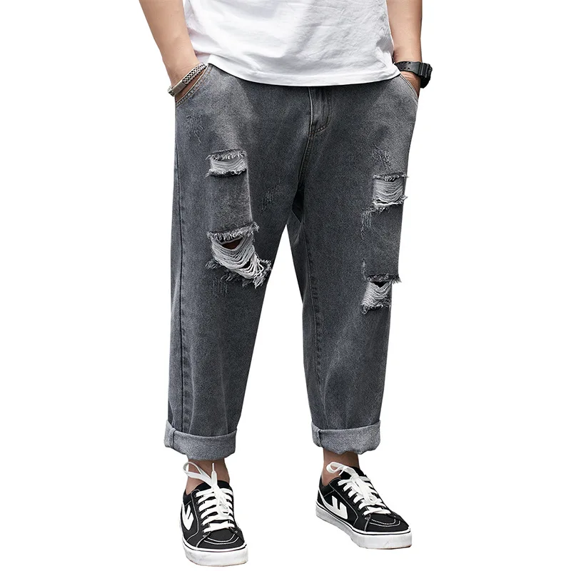Plus Size Baggy Ripped Jeans Men Denim Pants Grey Wide Leg Trousers Men's Jeans Loose Casual Korean Streetwear Hip Hop Holes