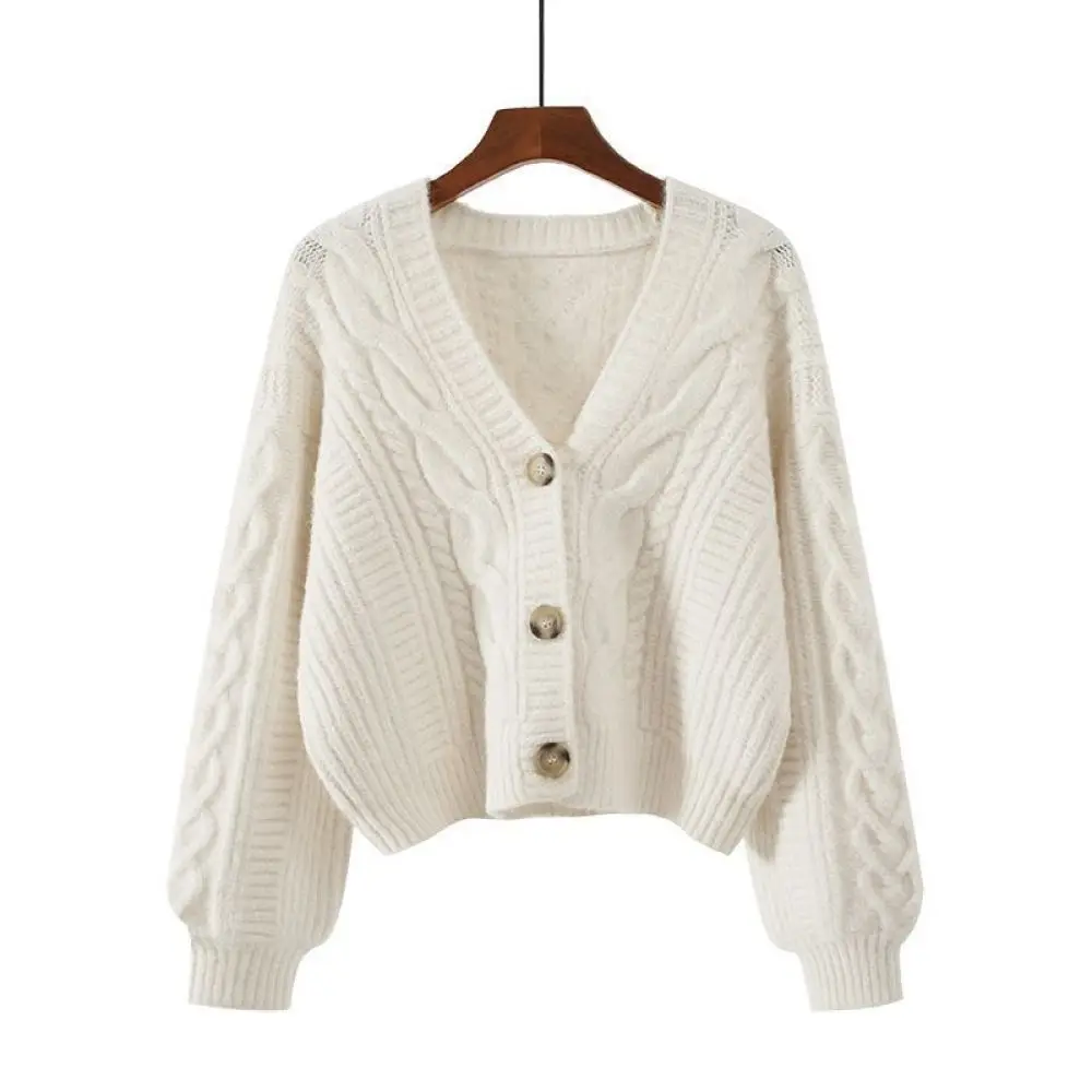 Фото Loose Fit Cardigan Women Sweater V Neck Vintage Twist Knit Long Sleeve Button Up Casual Autumn Winter Outerwear New Tops №3