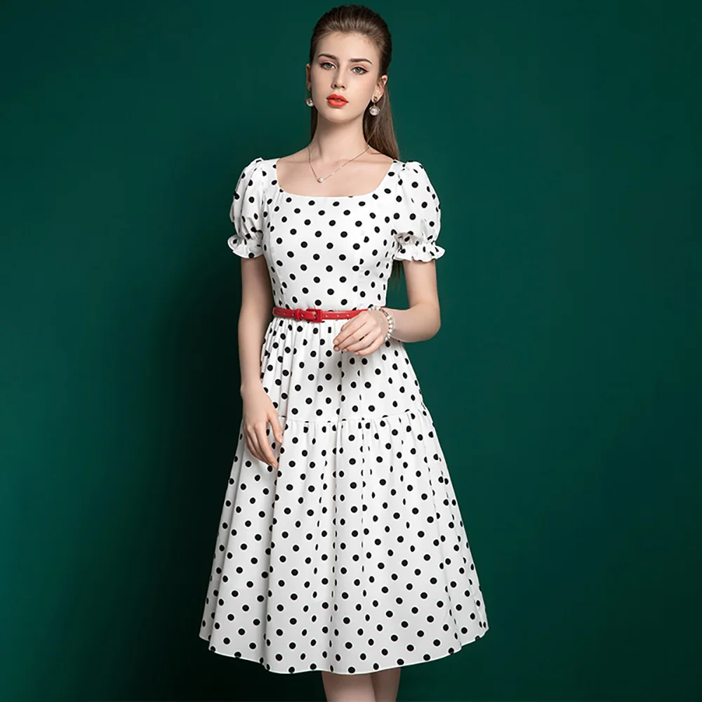 High End Chiffon Dress Summer New Retro Bubble Sleeve French Temperament Wave Point Umbrella Skirt