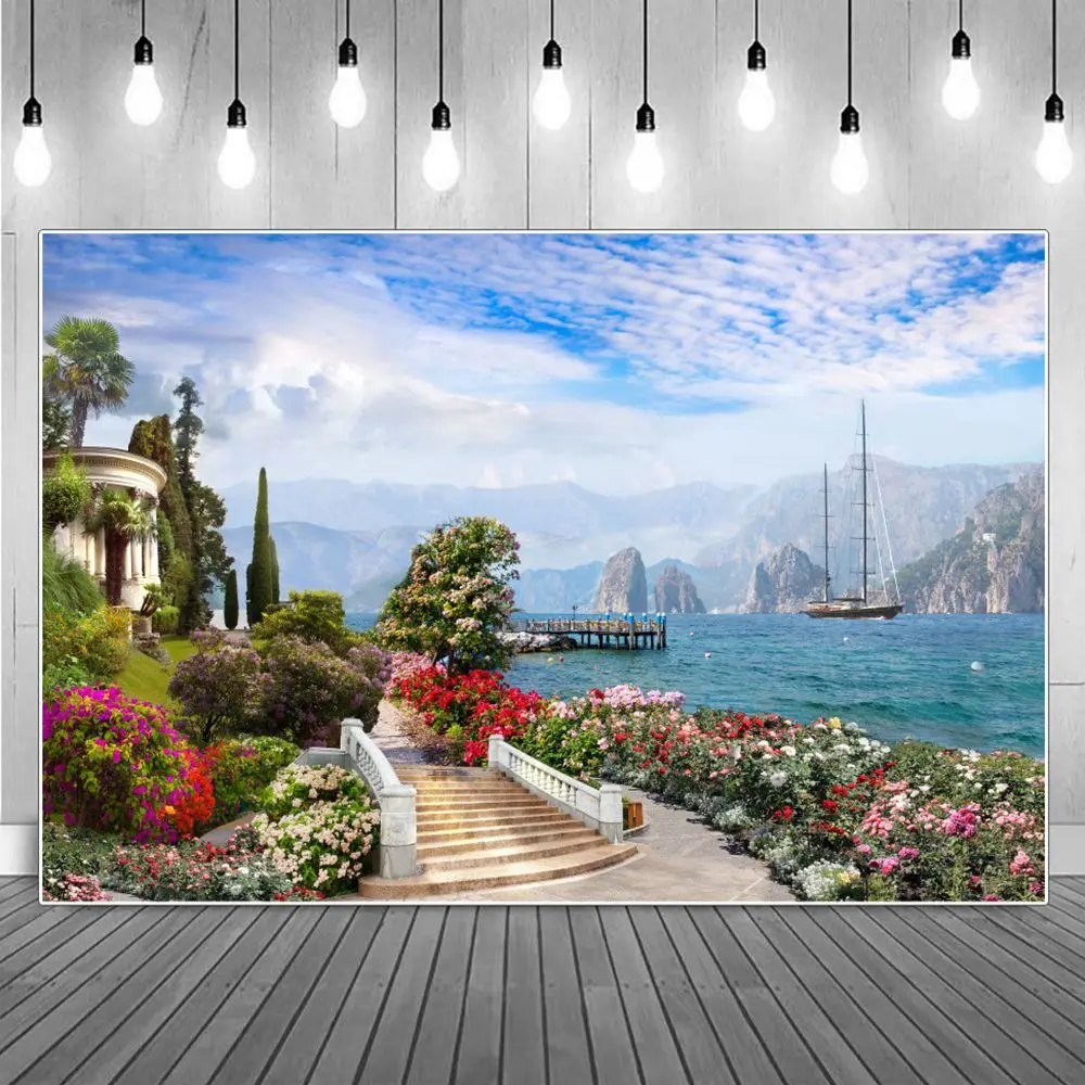 

Mountains Riverside Flowers Path Scenic Photography Backgrounds Clouds Pier Ship Pavilion Stairs Home Decoration Photo Backdrops