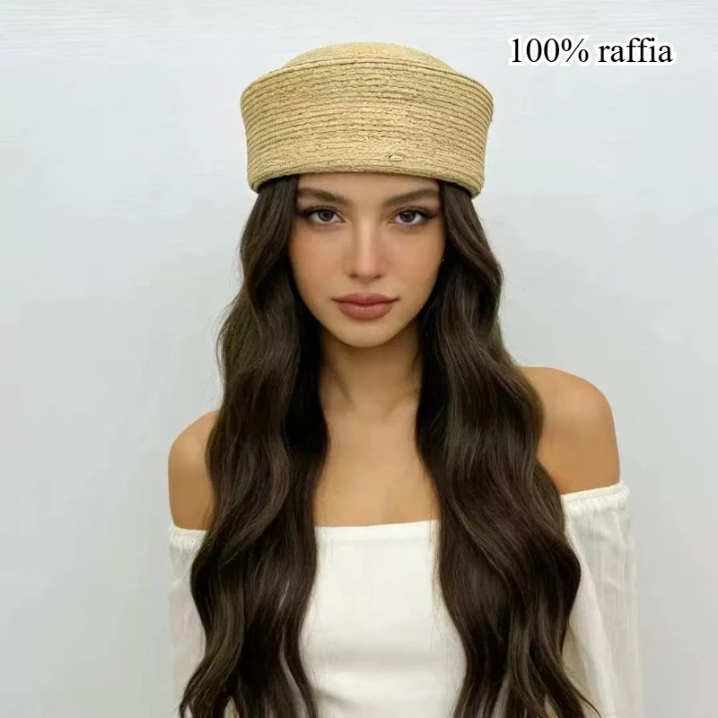 Фото Шляпа-федора из 100% рафии, плоская соломенная шляпа-пилбокс для женщин, летняя пляжная шляпа-берет, кепка для отпуска, летний аксессуар для путешествий №1