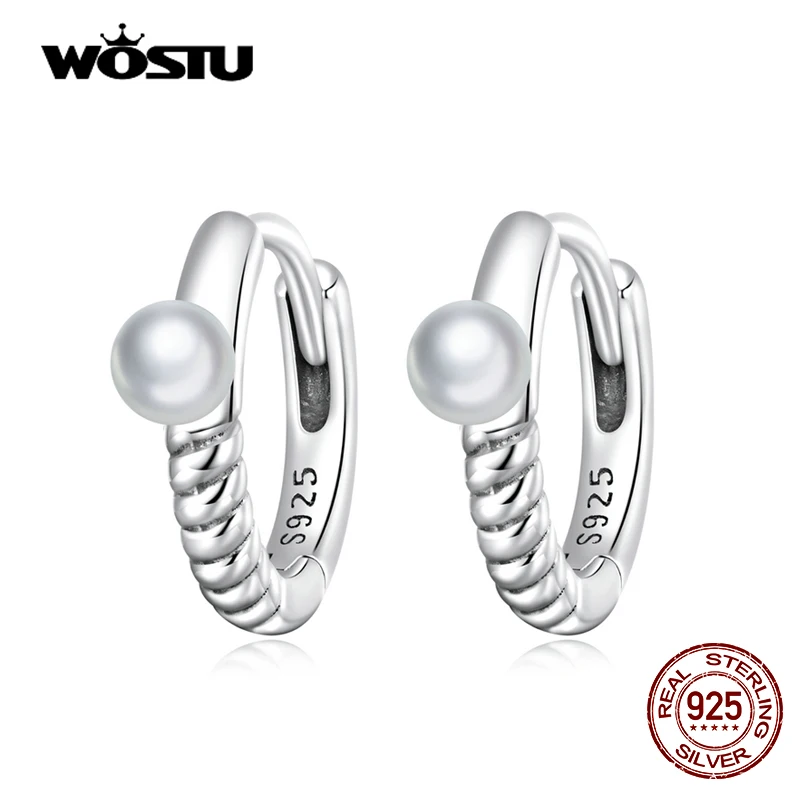 

WOSTU 925 Sterling Silver Simple Shell Pearl Stud Earrings Shining Zircon For Women Classic Original Design Jewelry CTE621