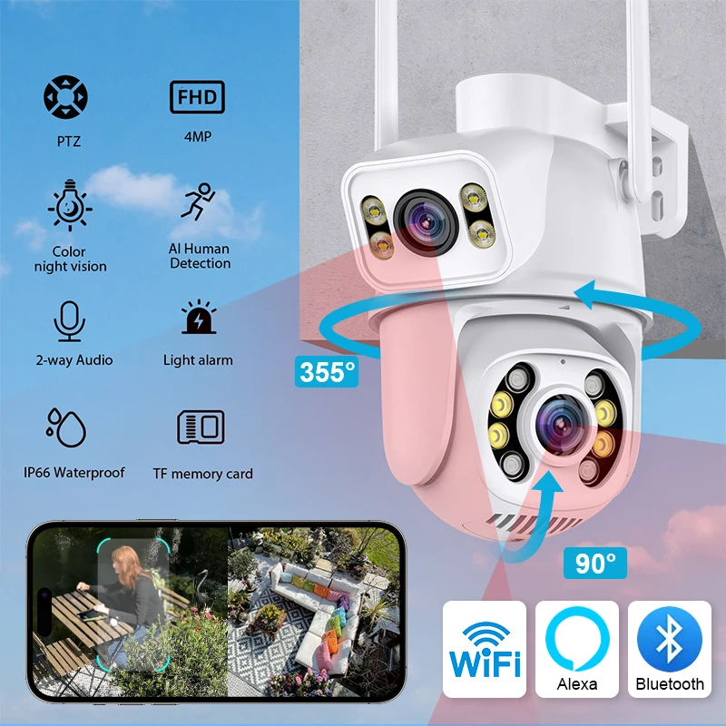 Беспроводная уличная камера видеонаблюдения с двойным объективом, 4K, Wi-Fi