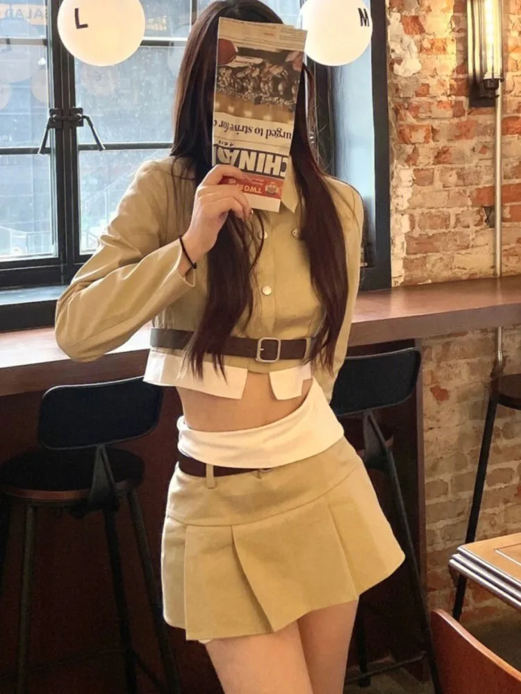 

Women's Vintage High Street 2 Piece Sets Sexy Long Sleeve Short Jacket Folds Mini Skirt Outfits Korena Spring Clothes