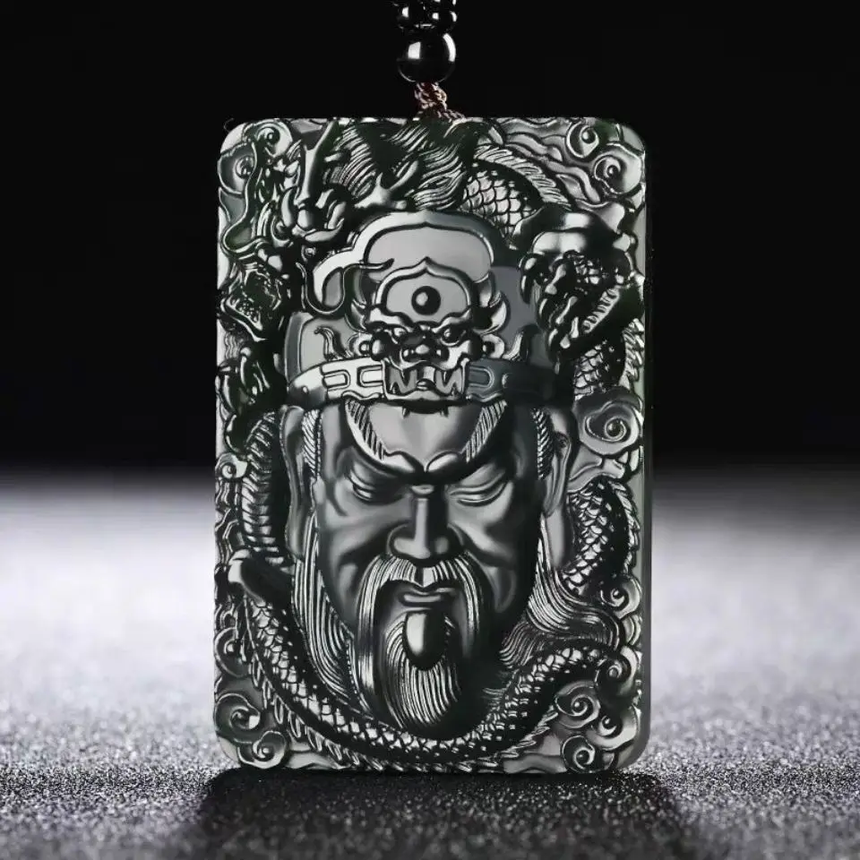 

New Natural Jade Carving Guan Gong Head Black Green Pendant Jadeite Charm Necklace Exquisite Jewelry Men Women with Chain Gift