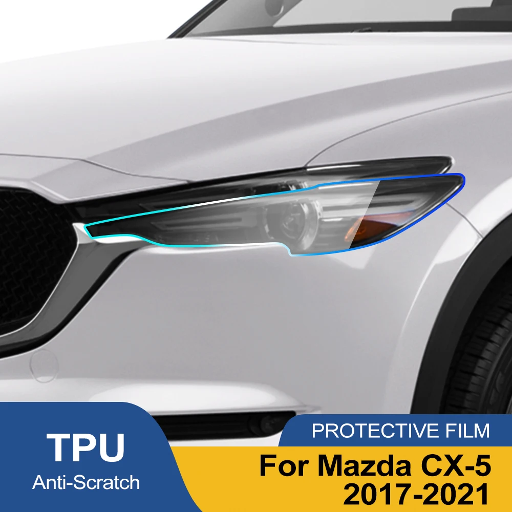 Фото Глянцевая дымчато-черная защитная пленка из ТПУ для фар Mazda CX-5 2017-2021, предварительно вырезанная, антицарапийная, виниловая пленка для оклейки, комплект. №2