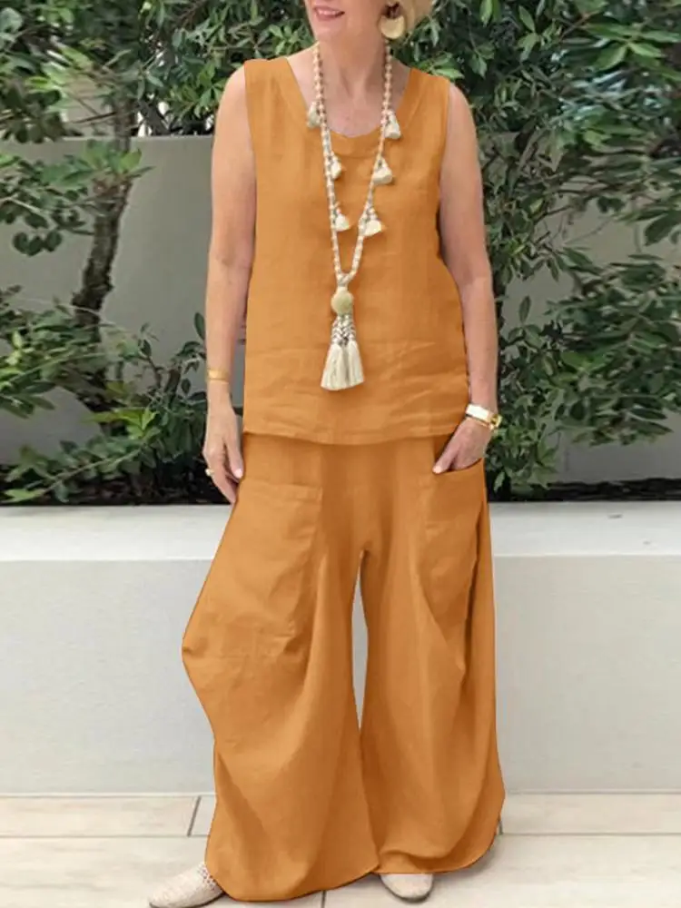 

2 Piece Sets Womens Outifits ZANZEA Fashion Summer Wide Leg Trousers Suits Sleeveless Blouse Pants Sets Solid Loose Matching Set