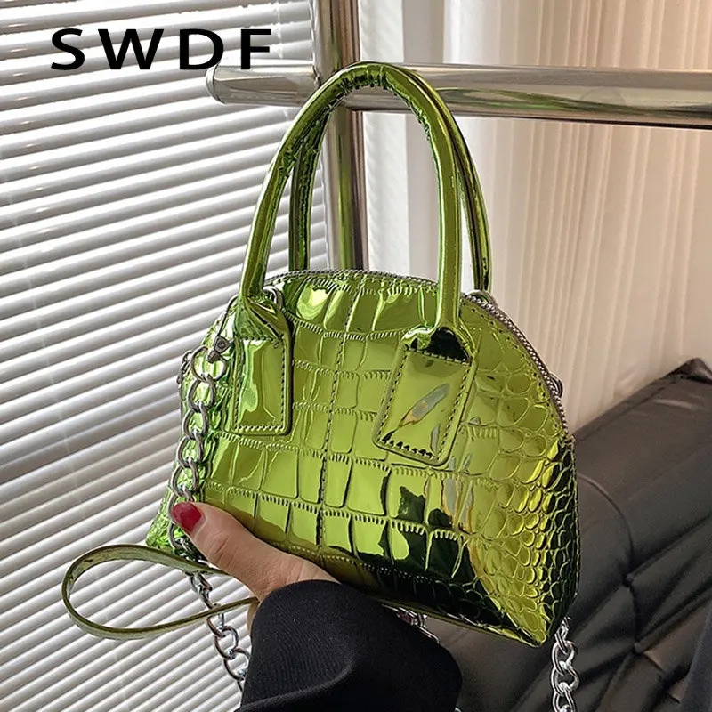 

2023 Luxury Women Glossy Alligator Print Leather Party Tote Designer Green Chain Shoulder Bag Crossbody Bags Handbags and Purses