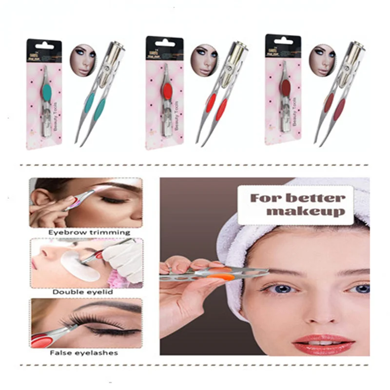 

LED Eyebrow Tweezers Oblique Tip Eyebrow Trimming Clip Stainless Steel Eye Hair Removal Clamp False Eyelashes Curler Makeup Tool