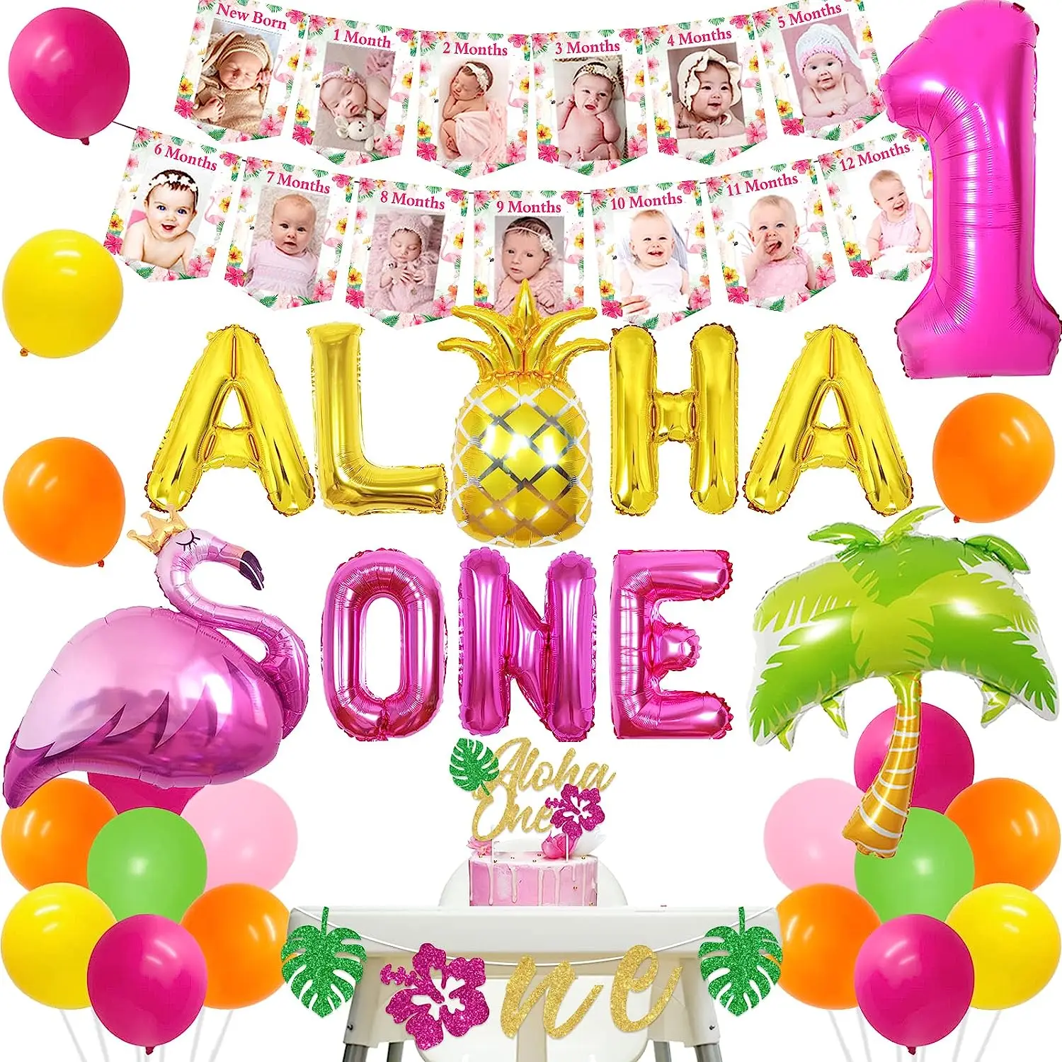 

Hawaiian 1st Birthday Decorations 12 Monthly Photo Banner Aloha One Balloons Banner Cake Topper for Girl Tropical Party Supplies