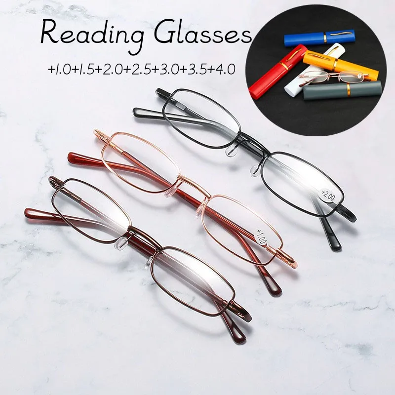 

Unisex Mini Folding Reading Glasses Retro Alloy Portable Presbyopia Pen Glasses with Box Men Women Vintage Far Sight Eyeglasses