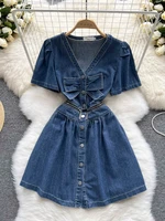 foamlina women denim dress retro style blue jeans dress 2022 fashion v neck short sleeve buttons zipper a line summer mini dress