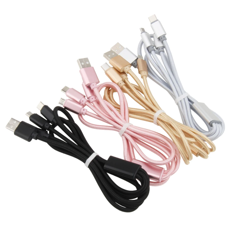 200шт 120см 3 в 1 Нейлоновый Плетеный Кабель Зарядного Устройства для телефона Micro USB Type C для iPhone Xiaomi Samsung Huawei USB-кабели для зарядки