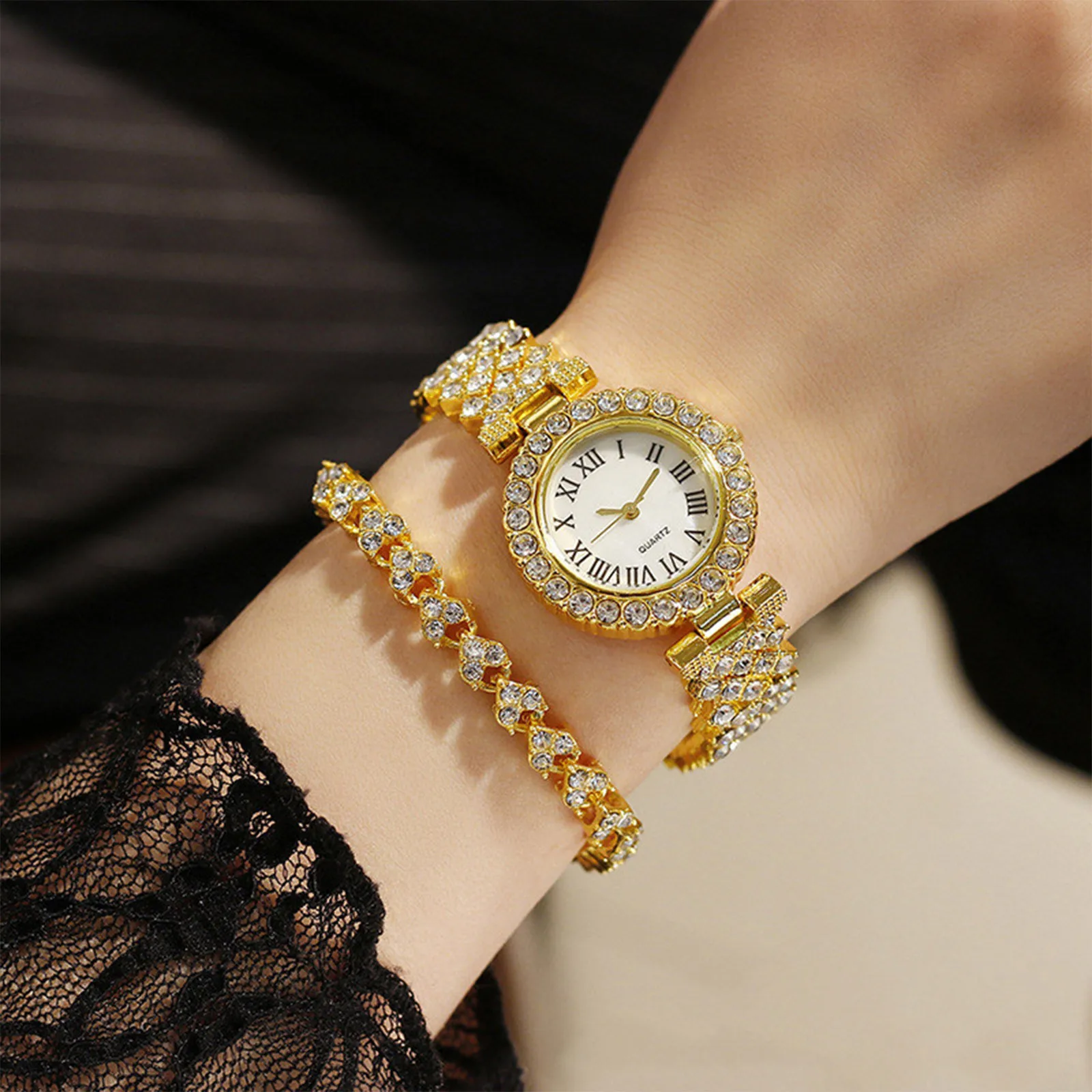

Womens Watch Steel Bracelet Watch Quartz Luxury Fashion Set With Diamonds Roman Patterned Diamond Inlaid Quartz Watch Bracelet