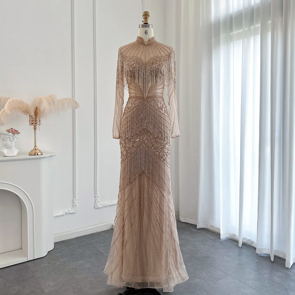 Jancember New Beading Muslim Style Evening Dress Sparkling Tassel Floor Length Prom Gown For Women Wedding Party SCZ062