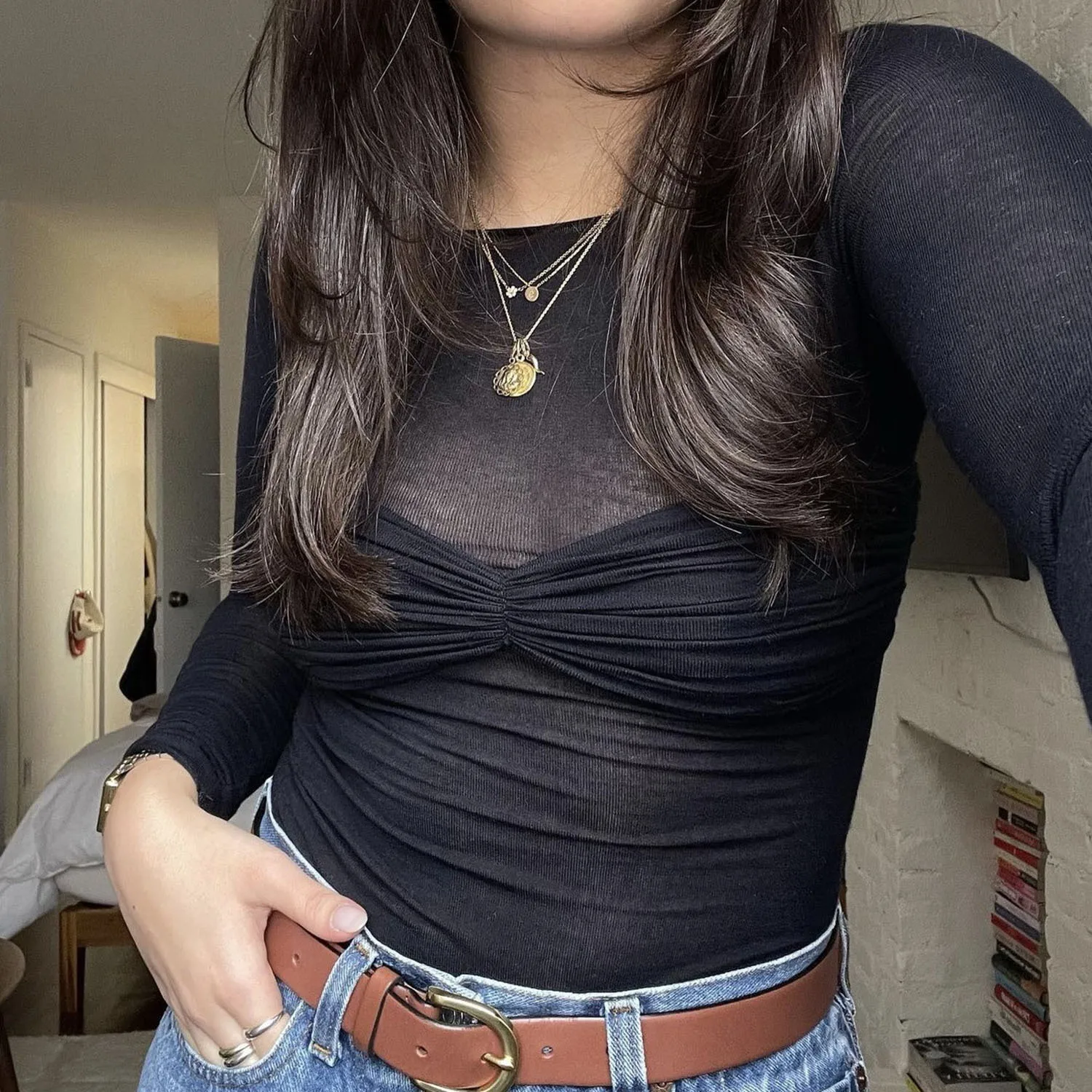 

Bodycon Black Street Wear Top Women Sexy Thin See-Through Shoulder T-Shirt Women Long Sleeve Tees 2023 Summer Fashion New Shirts