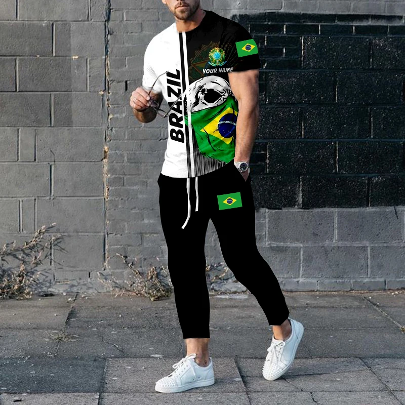 Summer Brazil Men's Tracksuit Fashion Short Sleeve Trousers 2 Piece Set Jogging Streetwear Oversized T-shirt Casual Sport Suit