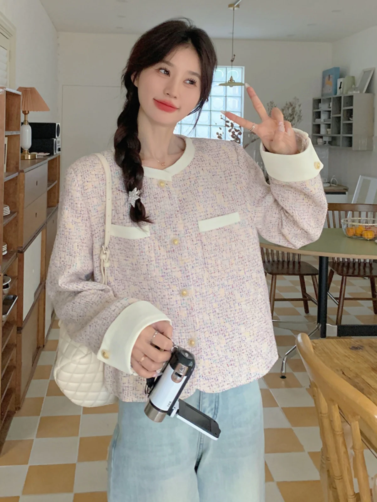 Розовая изящная верхняя одежда с круглым вырезом женская весенне-осенняя