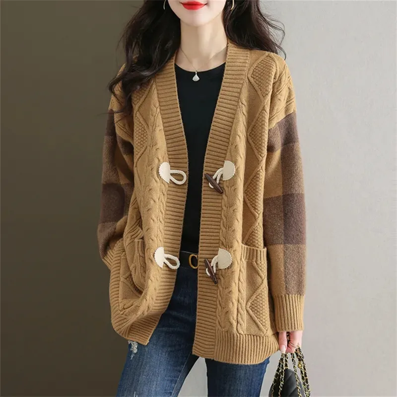 

Spring and Autumn New 2023 Female Fashion Cowhorn Button Mid Length Sweater Cardigan Coat Women's Lazy Loose Knitted Outwear