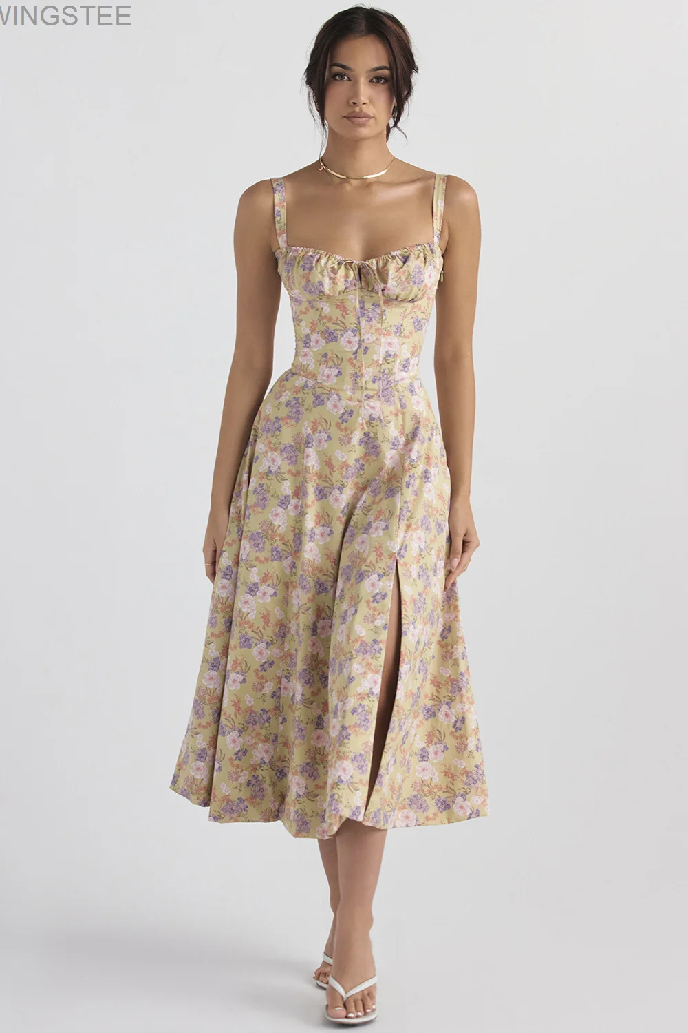 

Floral Printed Women Dress 2023 Summer Elegant Solid Slim Sleeveless Slip Female Side Split Waist Lady A-line Robe