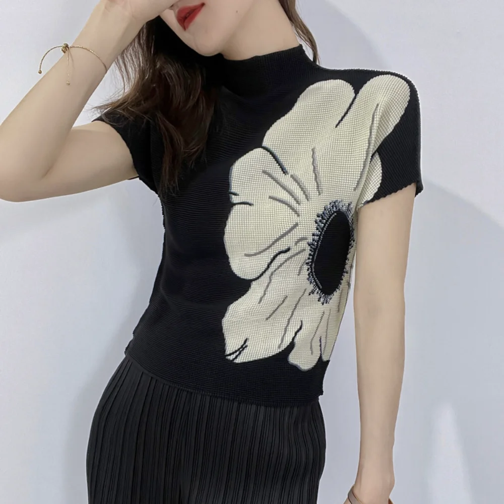 

JOCLOTH Summer Miyake Flower Print Tops Corn Grain Pleat Appear Thin T-shirt Spring Solid Elegant Women's T-shirt Women Clothing