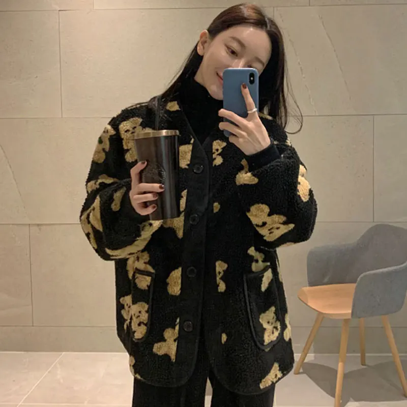 Clothland Women Chic Bear Lamb Fur Jacket V Neck Single Breasted Long Sleeve Padded Coat Autumn Winter Thick Tops CA382