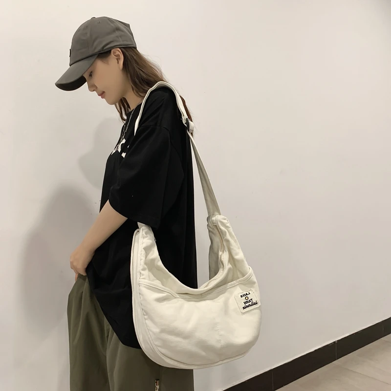 

Large Canvas Women's Bag 2023 Shoulder Cross Bag Campus Eco Bag Korean Shopping Messenger Bag Y2K Satchel Hobo Half Moon Handbag