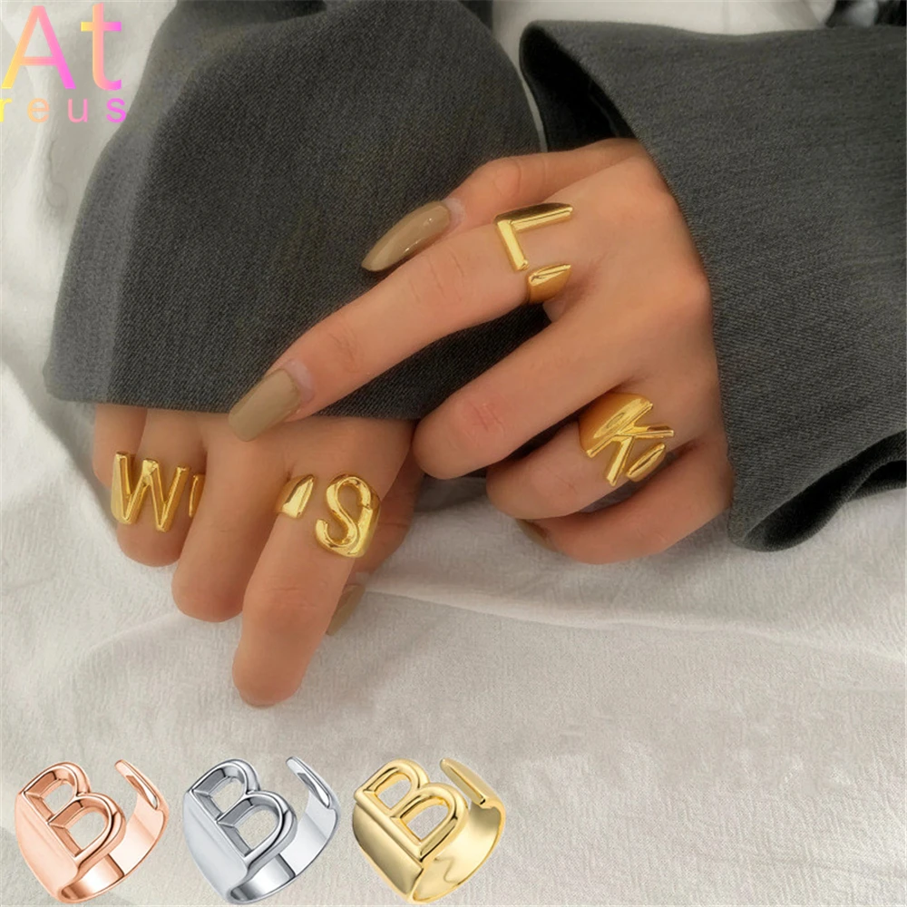 

Hollow A-Z 26 Letter Gold Color Metal Adjust Open Ring Initials Name Alphabet Female Party Chunky Wide Trendy Jewelry