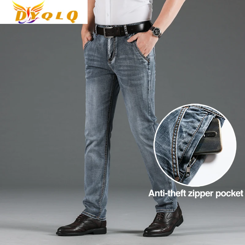 

2022 Jeans Men's Brand Trousers Autumn New Classic Blue Gray Slim Jeans Anti-theft Zipper Cotton Stretch Regular Fit