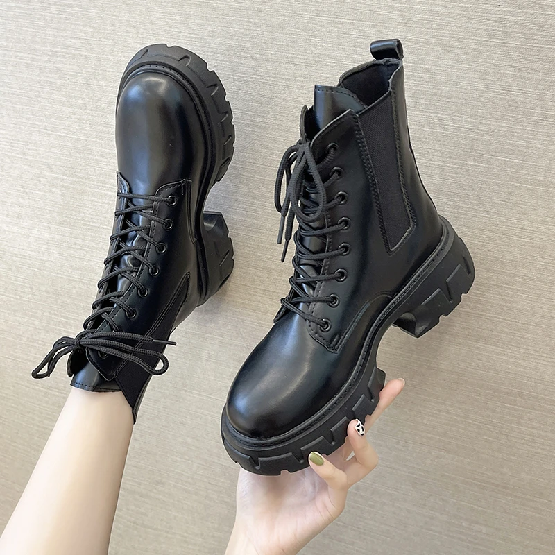 

Fashion Women Boots Lace Up 4.5cm Heel Slip on 2022 Fashion Boots for Woman Platform Round Toe Women Shoes Botas Plus Size 40